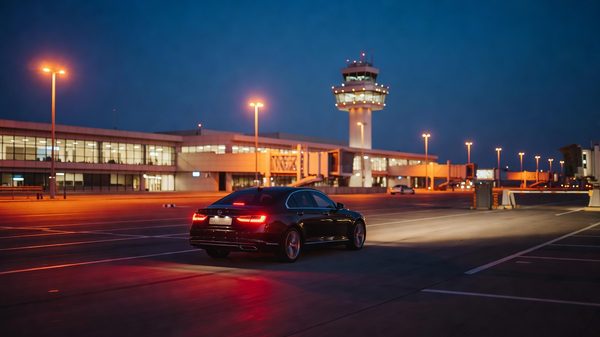 Car leaving an airport parking exit lane at dusk with terminal buildings behind