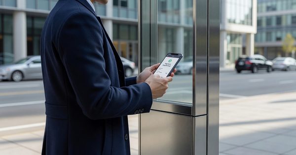Person using iPhone to pay at an urban parking kiosk with Apple Pay on screen
