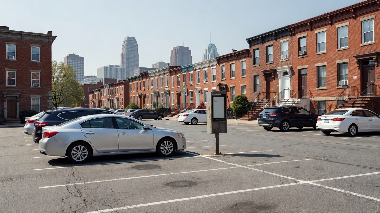 A downtown Baltimore surface parking lot with rowhouses and the city skyline in the background