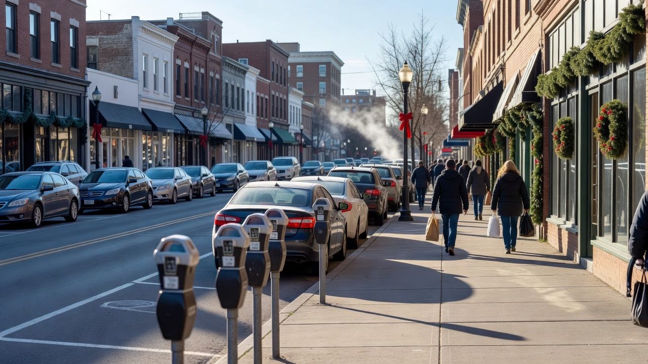 A busy shopping district street on a cold morning with cars parked along the curb and shoppers carrying bags
