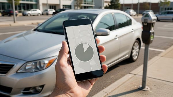 A driver holding a smartphone with a parking app open beside a parked car at a curbside meter