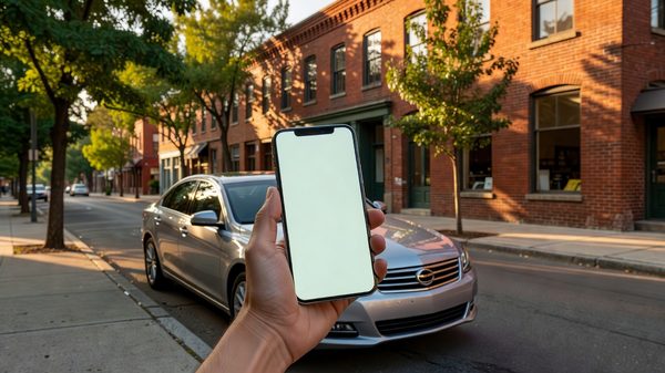 Person holding a smartphone beside a car parked at a metered city kerb
