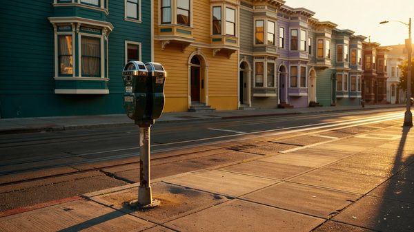 A San Francisco city parking meter on a sunny street with a cable car in the background