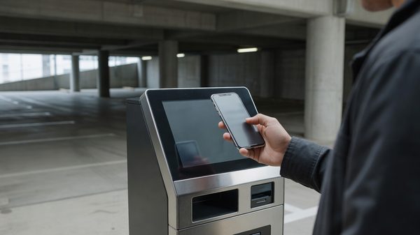 A driver checking a parking payment app on a smartphone near a downtown parking garage entrance