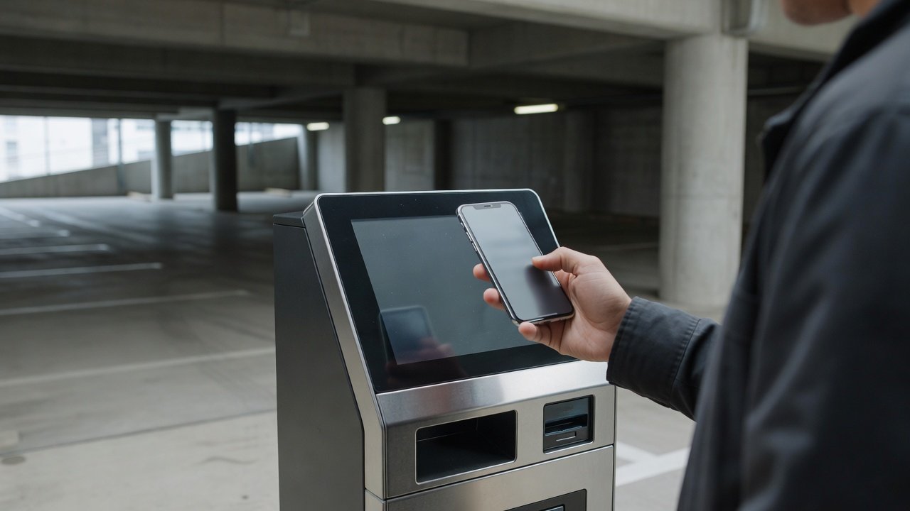 A driver checking a parking payment app on a smartphone near a downtown parking garage entrance