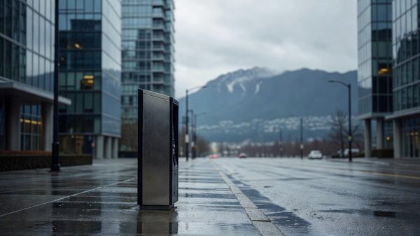 A wet Vancouver street with a modern pay-station and downtown towers in the background